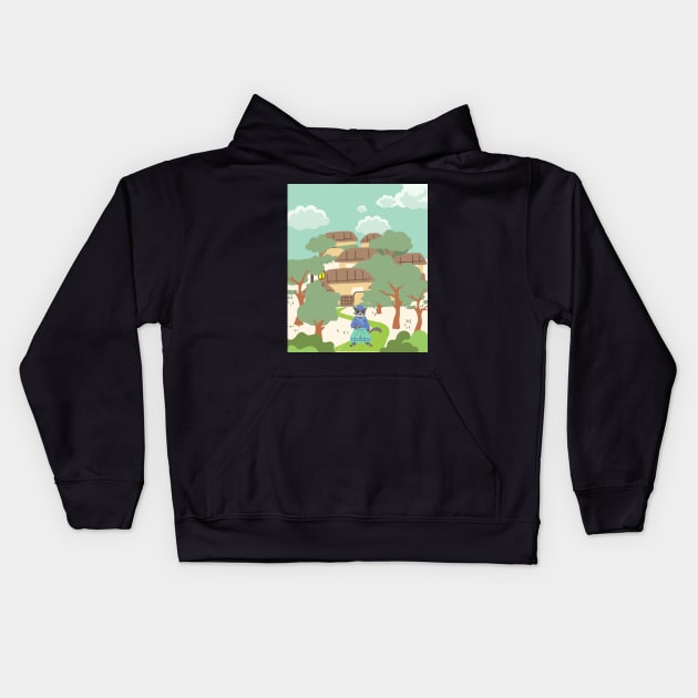 Samurai cat village Kids Hoodie by SkyisBright